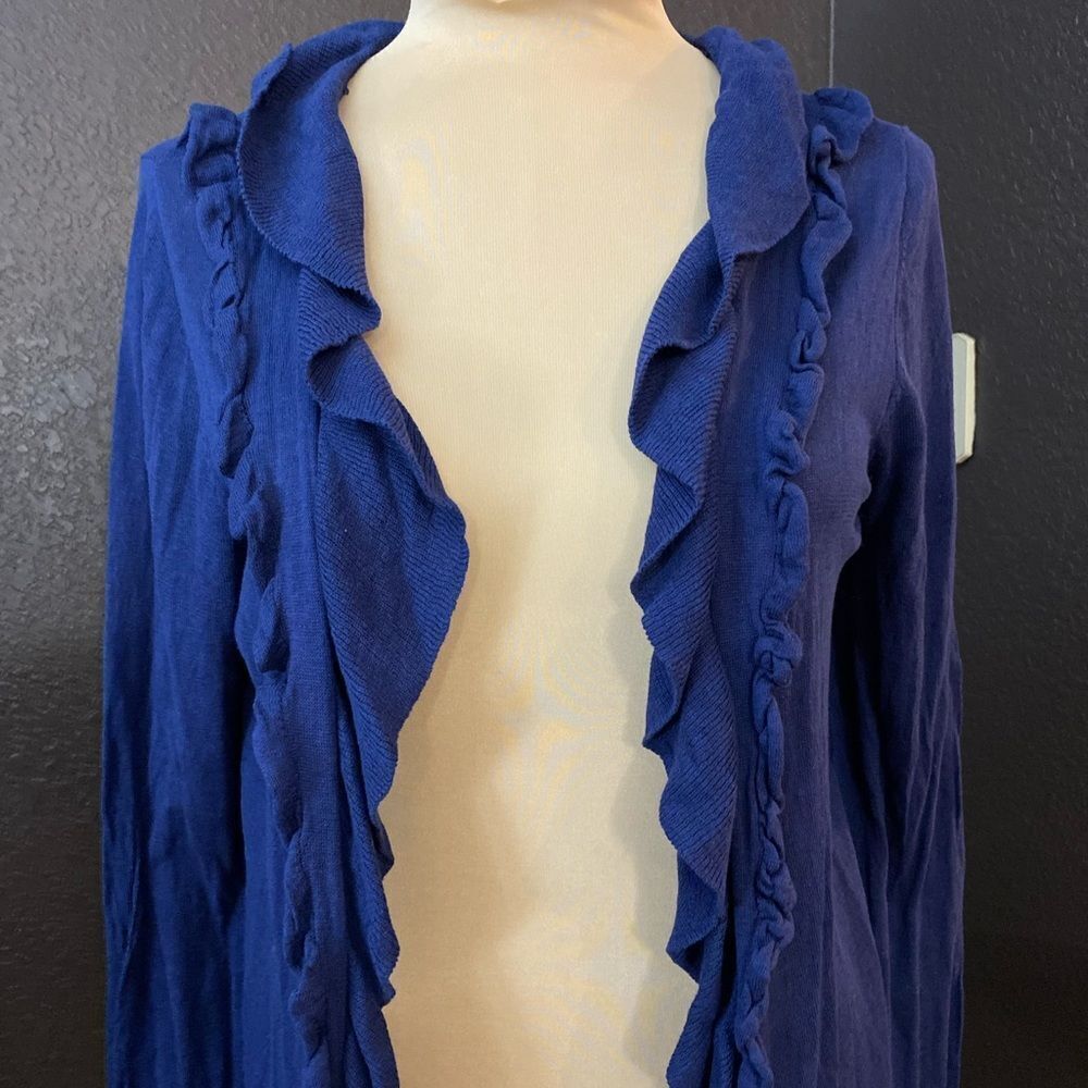 Ann Taylor navy academia ruffle shawl collar open front fine knit silk‎ cardigan